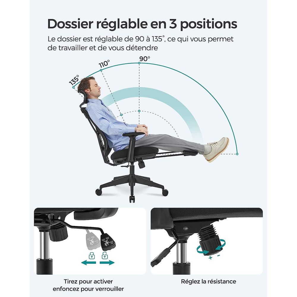 Fauteuil de bureau ergonomiques en filet repose-pieds Mousse de haute résilience, piètement en acier, roulettes en nylons, accoudoir en PU – Image 6