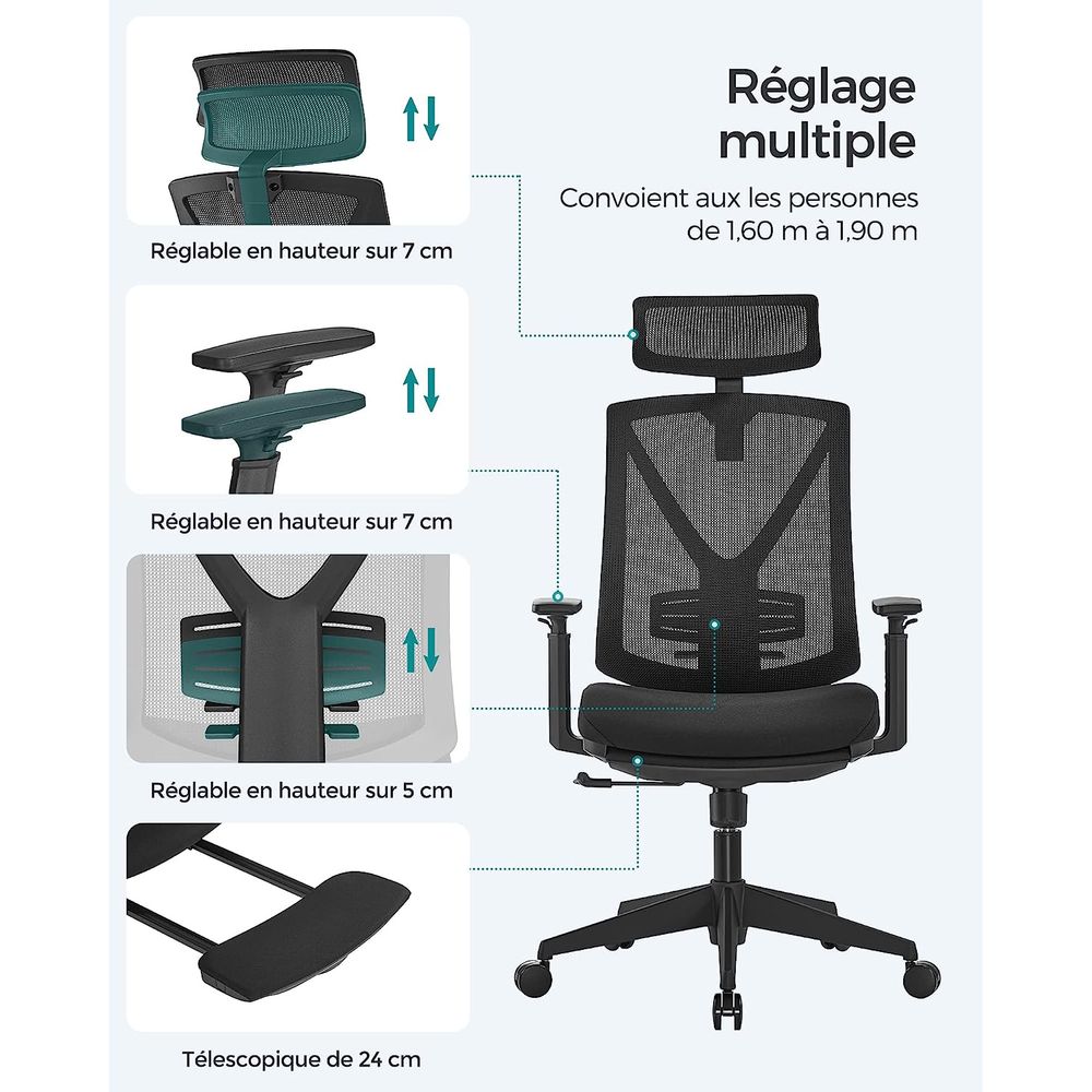 Fauteuil de bureau ergonomiques en filet repose-pieds Mousse de haute résilience, piètement en acier, roulettes en nylons, accoudoir en PU – Image 7