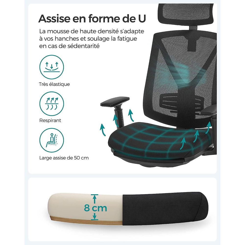 Fauteuil de bureau ergonomiques en filet repose-pieds Mousse de haute résilience, piètement en acier, roulettes en nylons, accoudoir en PU – Image 8