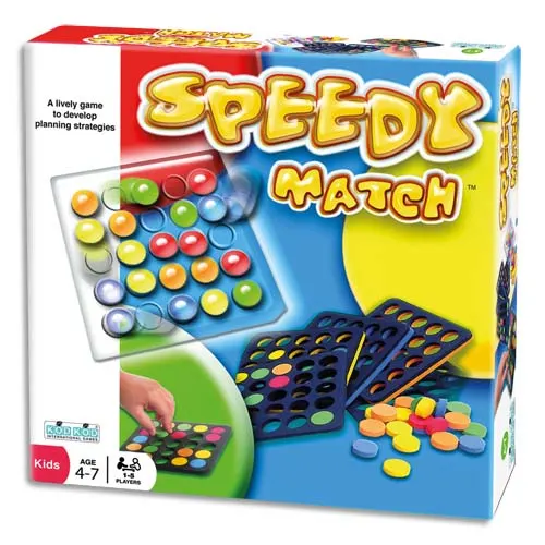 Jeu Speedy Match, pour 5 enfants et plus. Séquences couleurs à reproduire, 5 plaques et fiches idées