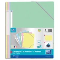 OXFORD Lot de 5 chemises 3 rabats à élastique TOP FILE+ carte lustrée. Format A4. Coloris assortis pastel