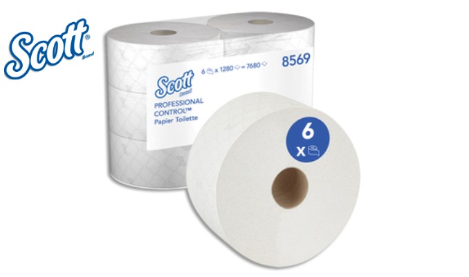 SCOTT Paquet de 6 Bobines de Papier toilette Control Jumbo à dévidage central Blanc, 2 plis, 320 m
