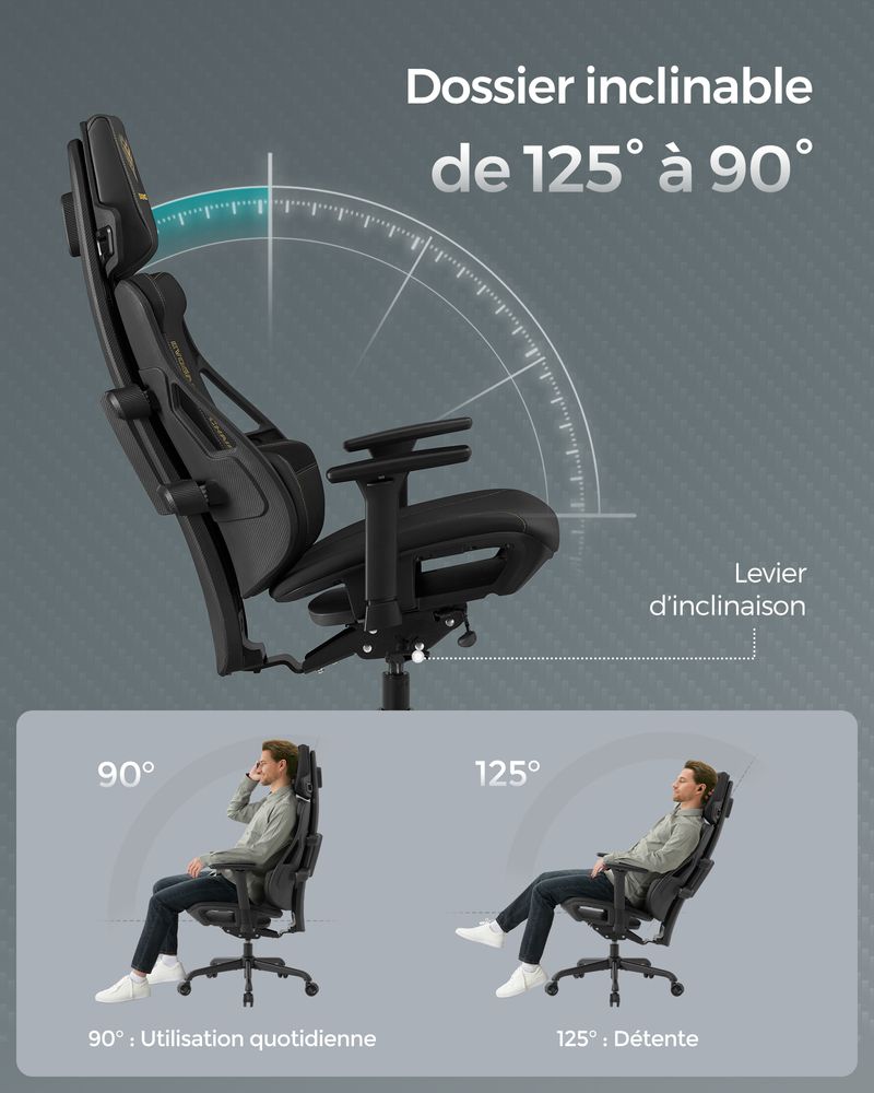 Fauteuil gaming réglable dossier inclinable noir d'encre – Image 3