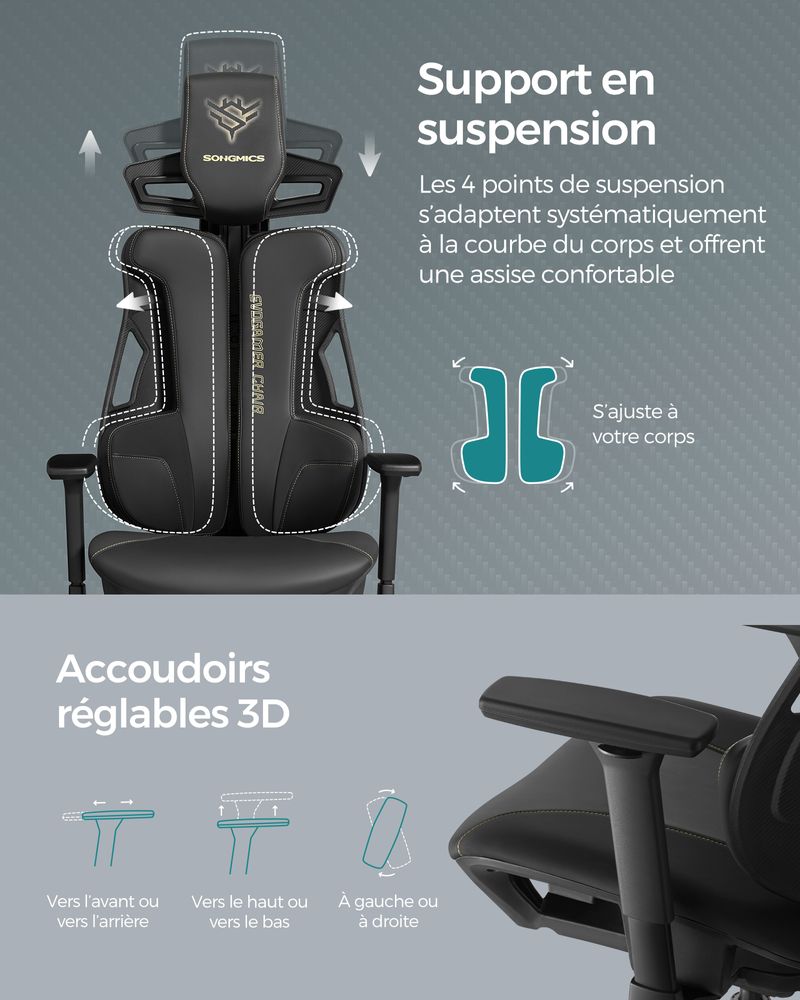 Fauteuil gaming réglable dossier inclinable noir d'encre – Image 5