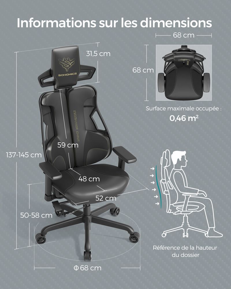 Fauteuil gaming réglable dossier inclinable noir d'encre