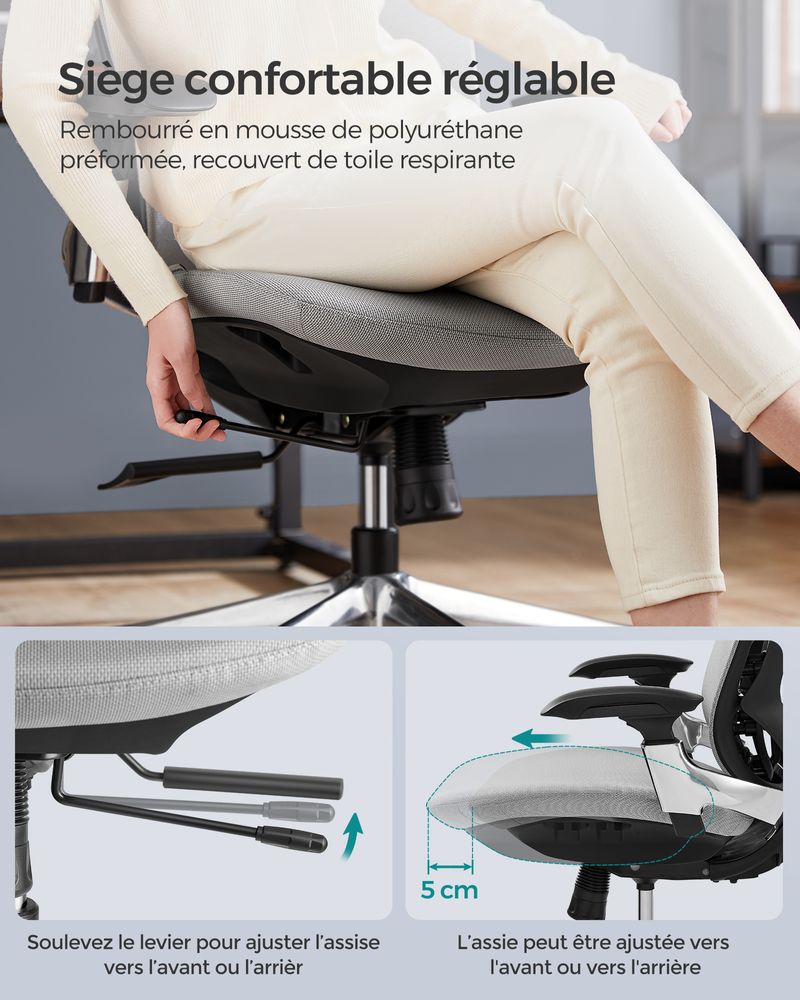 Fauteuil ergonomique réglable en toile gris tourterelle – Image 2