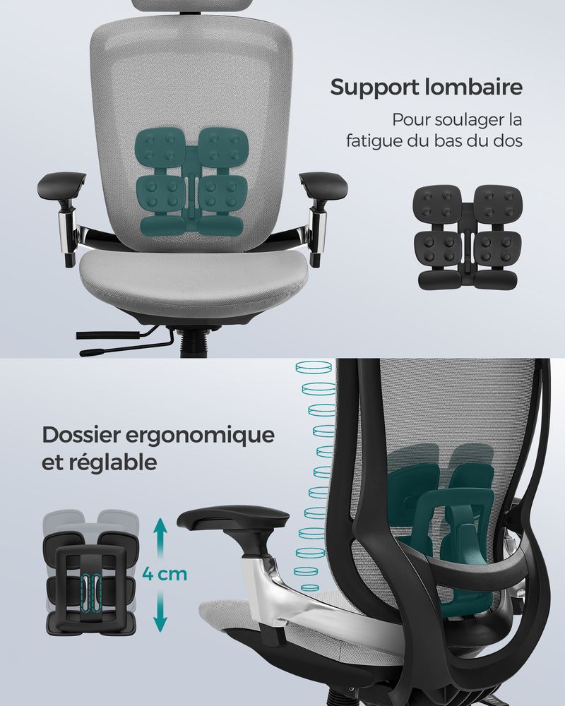 Fauteuil ergonomique réglable en toile gris tourterelle – Image 3