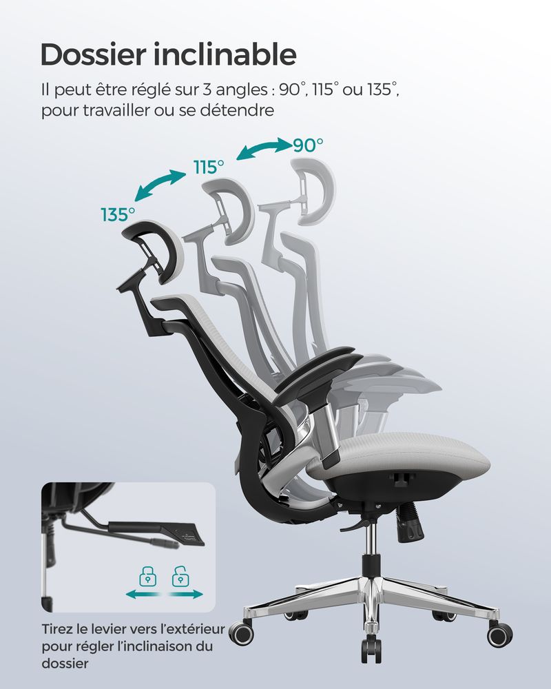 Fauteuil ergonomique réglable en toile gris tourterelle – Image 4