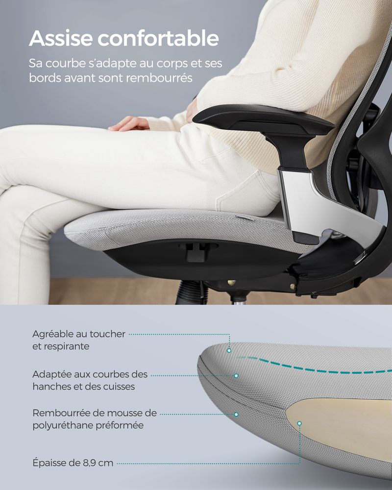Fauteuil ergonomique réglable en toile gris tourterelle – Image 6
