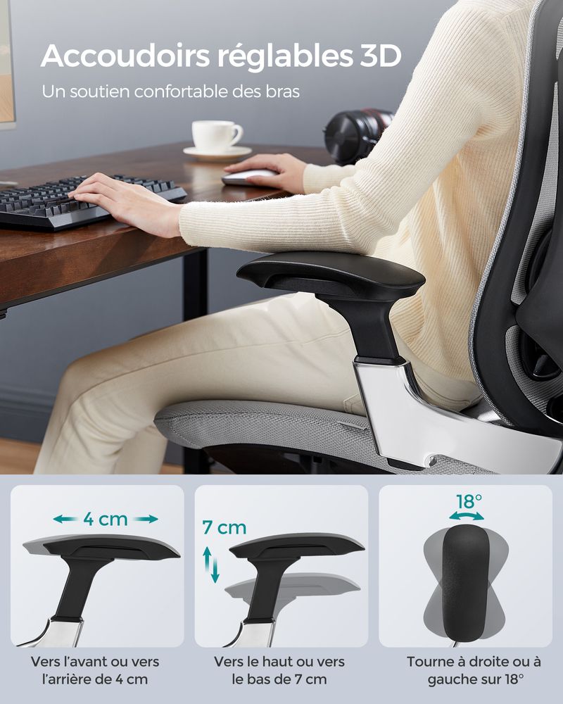Fauteuil ergonomique réglable en toile gris tourterelle – Image 8