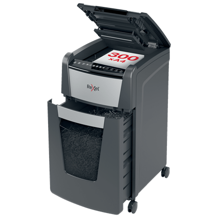 REXEL Destructeur de documents Optimum Auto+ 300M P-5,coupe micro,2x15mm,300 feuilles,60 l,2020300MEU