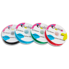 Fil nylon élastique de couleurs. 4 bobines de 20m, diam 0.5mm.