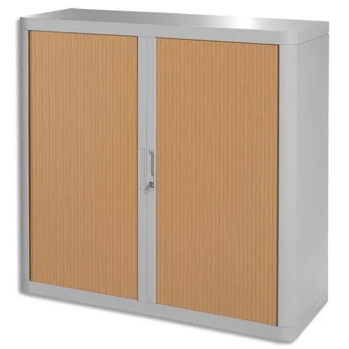 PAPERFLOW Armoire à rideau easyOffice, 2 étagères corps: gris, rideaux: hêtre, métal et polystyrène, rideaux en lamelles de polypropylène, avec 2 étagères, livraison composée de 2 colis dimensions: (L)1100 x (P)415 x (H)1040 mm (E1CT0009300044)