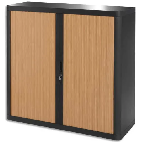 PAPERFLOW Armoire à rideau easyOffice, 2 étagères corps: noir, rideaux: hêtre, métal et polystyrène, rideaux en lamelles de polypropylène, avec 2 étagères, livraison composée de 2 colis dimensions: (L)1100 x (P)415 x (H)1040 mm (E1CT0005100045)