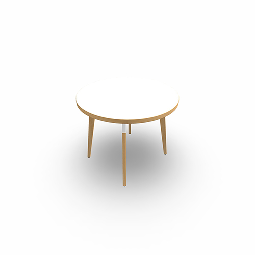 Table basse Evasion diamètre 60 x H. 48 cm - plateau mélamine ép. 25 mm blanc neige - 4 pieds en hêtre naturel vernis massif surmontés d'une structure métal structuré blanc – Image 2