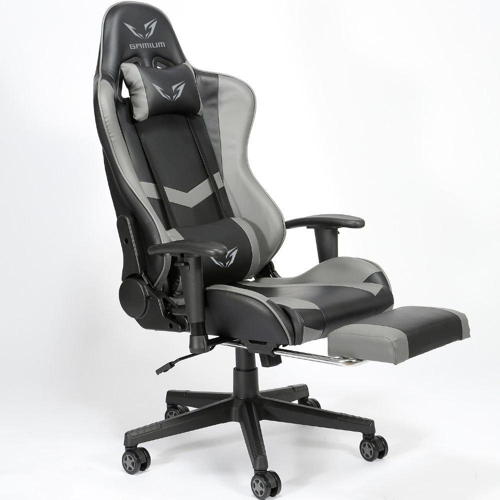WE Gamium Fauteuil gamer ajustable avec coussins de soutien, en polyuréthane et nylon 5 roues, reposepied, vérin classe 3, accoudoirs 2D, base détachable, noir – Image 4