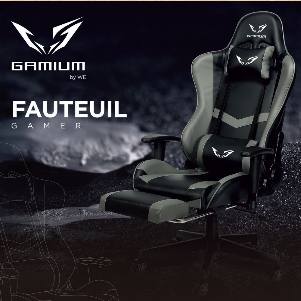 WE Gamium Fauteuil gamer ajustable avec coussins de soutien, en polyuréthane et nylon 5 roues, reposepied, vérin classe 3, accoudoirs 2D, base détachable, noir – Image 5