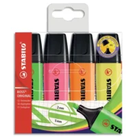 STABILO BOSS ORIGINAL surligneur pointe biseautée - Pochette de 4 surligneurs fluo - Coloris assortis