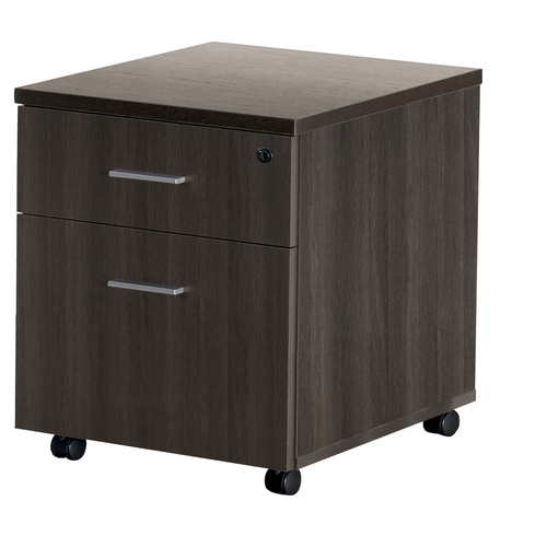 Caisson mobile MOKA 2 tiroirs L. 42 x P. 55,5 x H. 58,7 cm mélamine chêne café avec 1 dossier suspendu et 2 poignées métal lisse gris aluminium – Image 4