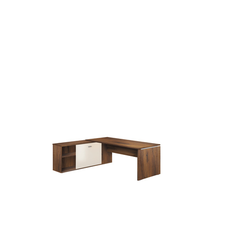 Table de bureau rectangulaire Moka sur retour porteur L. 202 cm mélamine noyer brun porte coulissante mélamine lin – Image 3