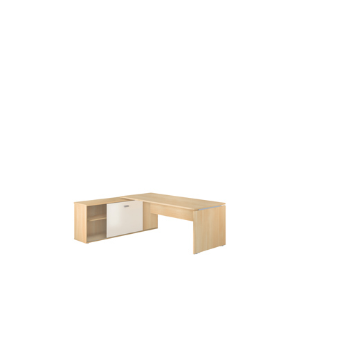 Table de bureau rectangulaire Moka sur retour porteur L. 202 cm mélamine chêne clair porte coulissante mélamine lin – Image 2