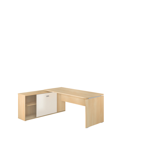 Table de bureau rectangulaire Moka sur retour porteur L. 202 cm mélamine chêne clair porte coulissante mélamine lin – Image 4