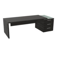 Table rectangulaire Kara sur caisson porteur 3 tiroirs L. 240 cm x 90. cm mélamine chêne café top verre émaillé blanc piètement panneau mélamine chêne café + voile de fond
