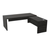 Table rectangulaire Kara L. 200 cm x 200. cm mélamine chêne café avec retour aligné piètement panneau mélamine chêne café + voile de fond
