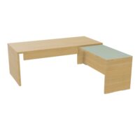 Table rectangulaire Kara L. 200 cm x 200. cm mélamine chêne clair avec retour aligné top verre émaillé blanc piètement panneau mélamine chêne clair + voile de fond