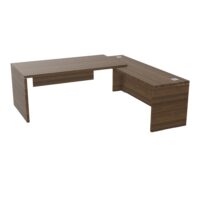 Table rectangulaire Kara L. 210 cm x 200. cm mélamine noyer brun avec retour débordant piètement panneau mélamine noyer brun + voile de fond