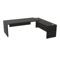 Table rectangulaire Kara L. 240 cm x 200. cm mélamine chêne café avec retour débordant piètement panneau mélamine chêne café + voile de fond