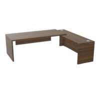 Table rectangulaire Kara L. 240 cm x 200. cm mélamine noyer brun avec retour débordant piètement panneau mélamine noyer brun + voile de fond