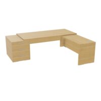 Table rectangulaire Kara sur caisson porteur 3 tiroirs L. 240 cm x 200. cm 2 tops mélamine chêne clair avec retour aligné piètement panneau mélamine chêne clair + voile de fond