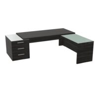 Table rectangulaire Kara sur caisson porteur 3 tiroirs L. 240 cm x 200. cm 2 tops verre émaillé blanc avec retour aligné mélamine chêne café piètement panneau mélamine chêne café + voile de fond