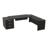 Table rectangulaire Kara sur caisson porteur 3 tiroirs L. 250 cm x 200. cm 2 tops mélamine chêne café avec retour débordant piètement panneau mélamine chêne café + voile de fond