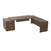 Table rectangulaire Kara sur caisson porteur 3 tiroirs L. 250 cm x 200. cm 2 tops mélamine noyer brun avec retour débordant piètement panneau mélamine noyer brun + voile de fond