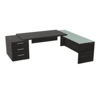 Table rectangulaire Kara sur caisson porteur 3 tiroirs L. 250 cm x 200. cm 1 top mélamine chêne café avec retour débordant verre émaillé blanc piètement panneau mélamine chêne café + voile de fond