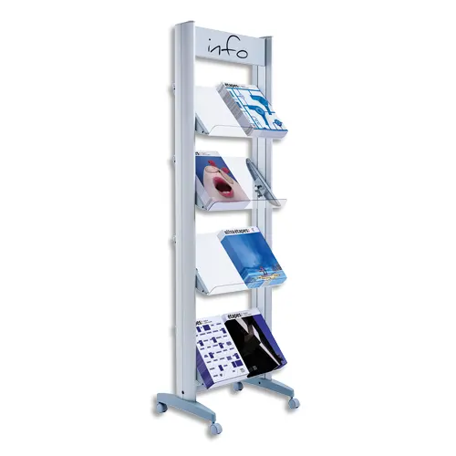 PAPERFLOW Présentoir mobile métallisé. 8 tablettes en plexi doc A4. Dimensions 50 x 167.8 x 38.5