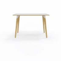 Table Evasion L. 160 x P. 80 x H. 110 cm - plateau stratifié blanc ép. 25 mm - 4 pieds en hêtre naturel vernis massif surmontés d'une structure métal structuré blanc