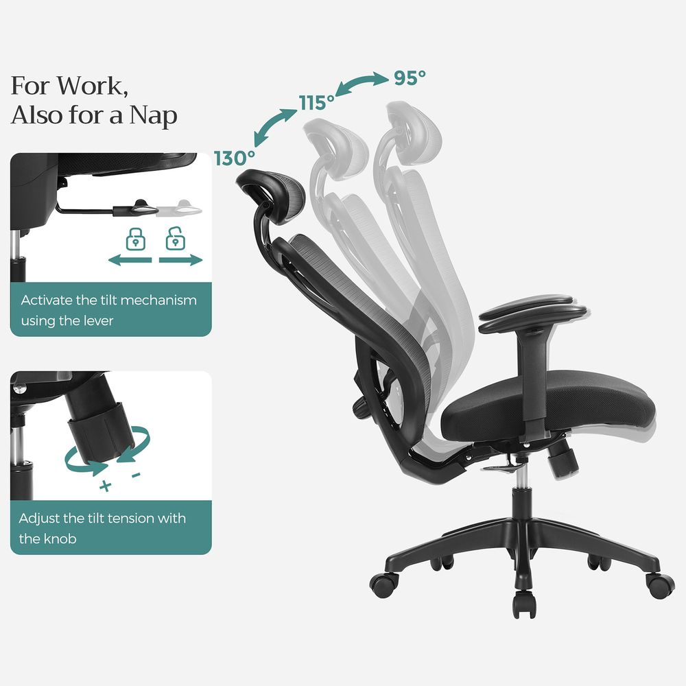 Fauteuil de bureau ergonomique réglable noir – Image 3